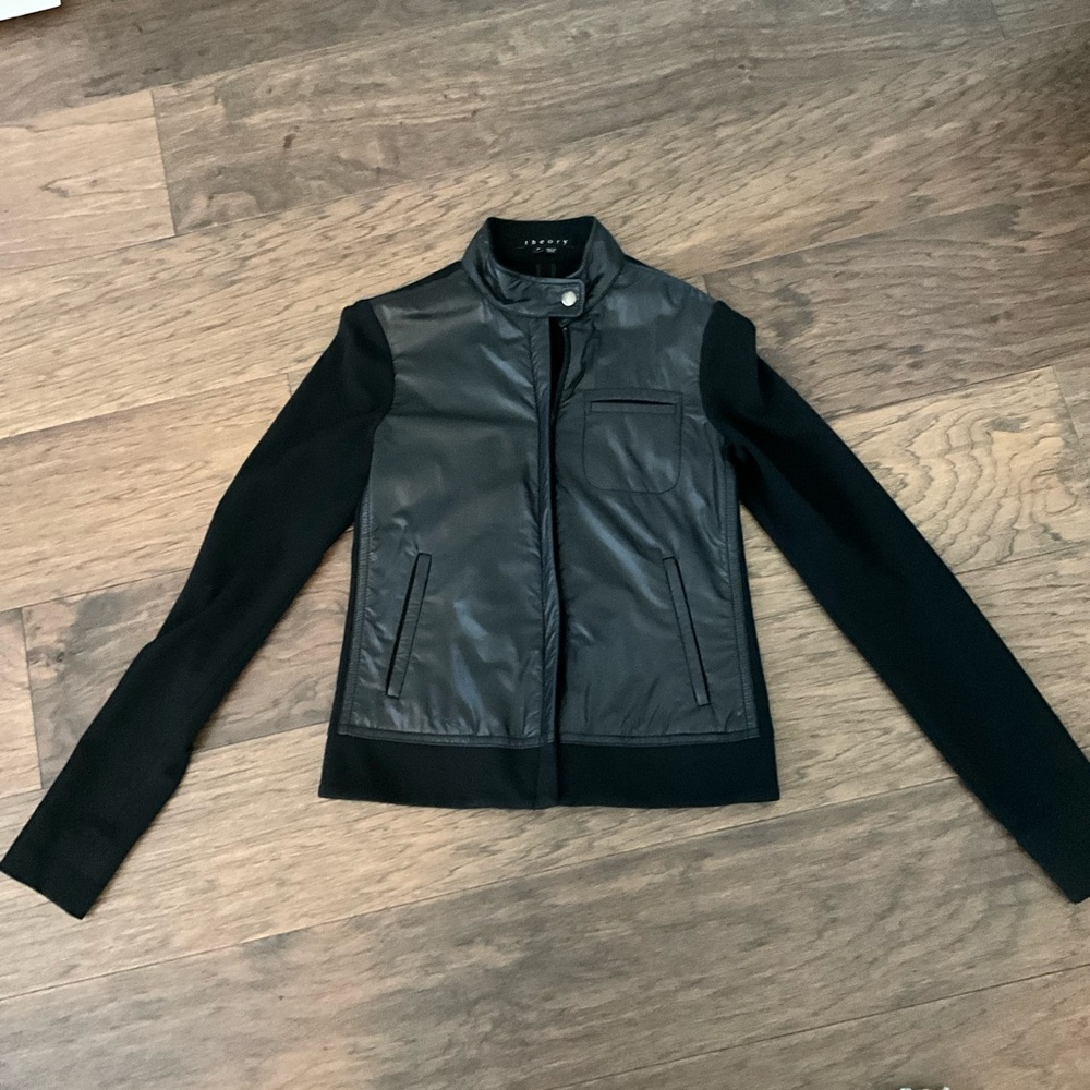 Theory Black Leather Jacket with Knit Sleeves and back